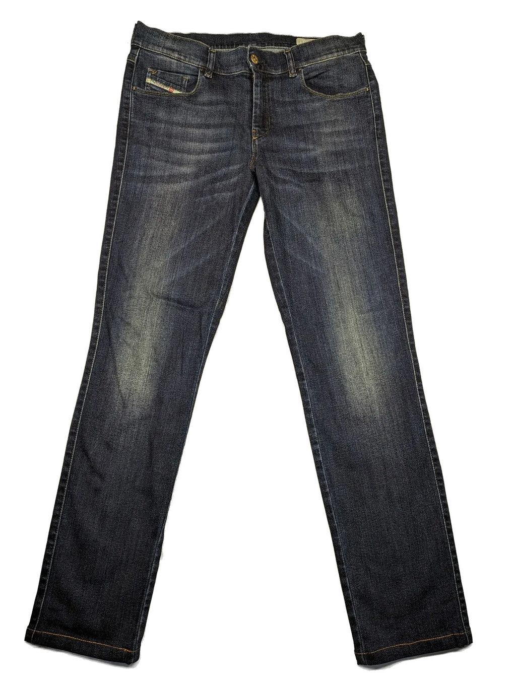 Diesel blue straight jeans with regular waist, dark wash, and stretch material.