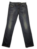 Diesel blue straight jeans with regular waist, dark wash, and stretch material.