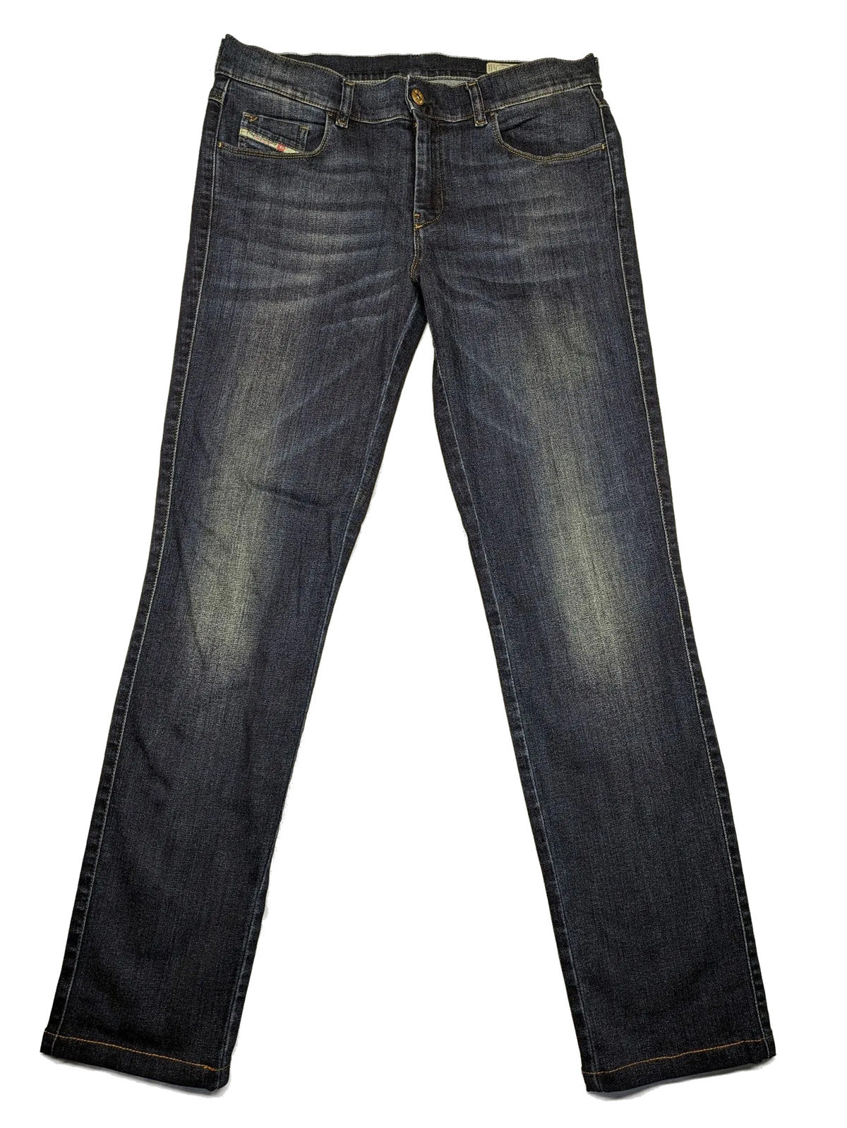 Diesel blue straight jeans with regular waist, dark wash, and stretch material.