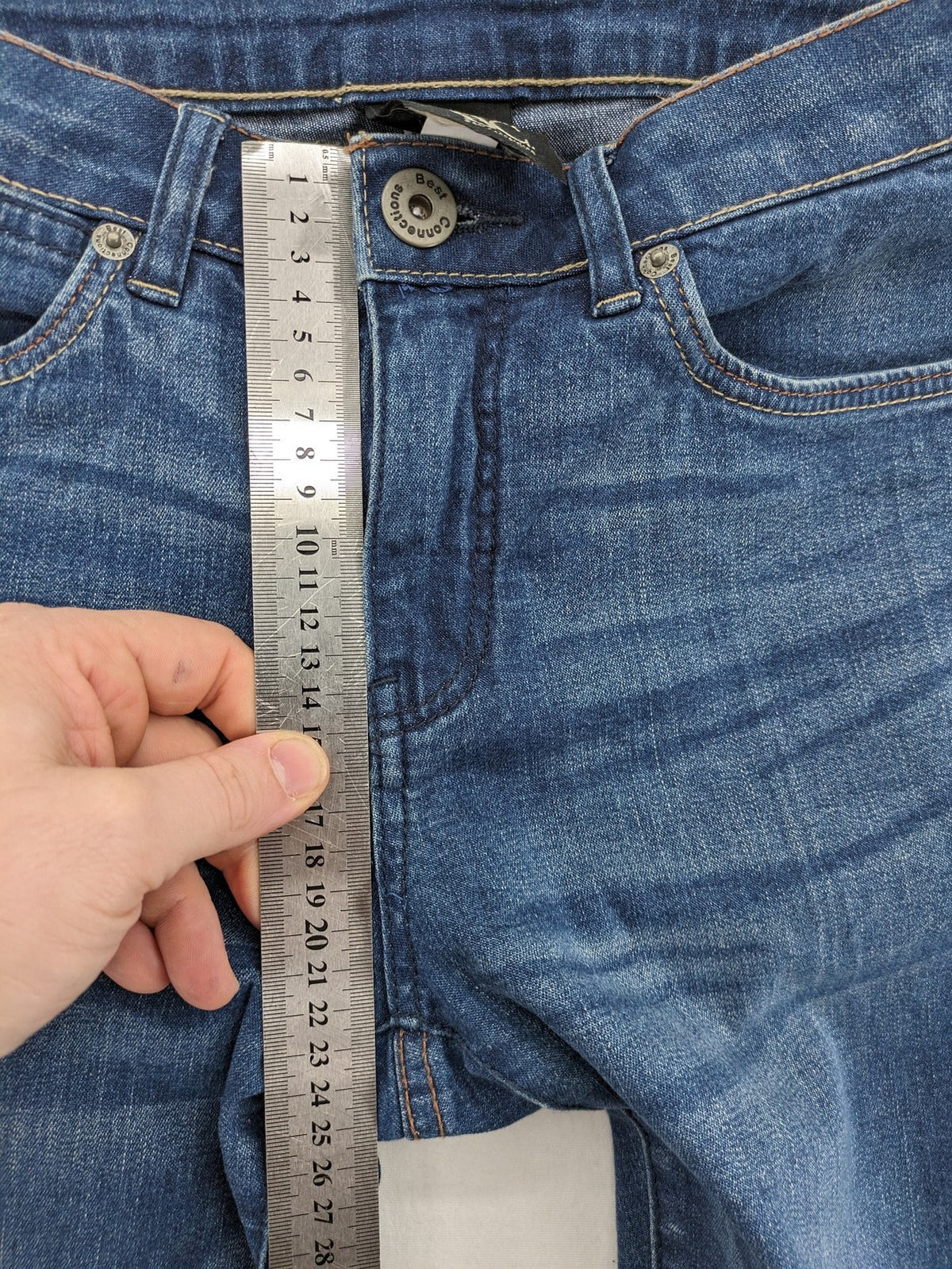 Best Connections blue skinny jeans with frayed hem and sporty side stripe.
