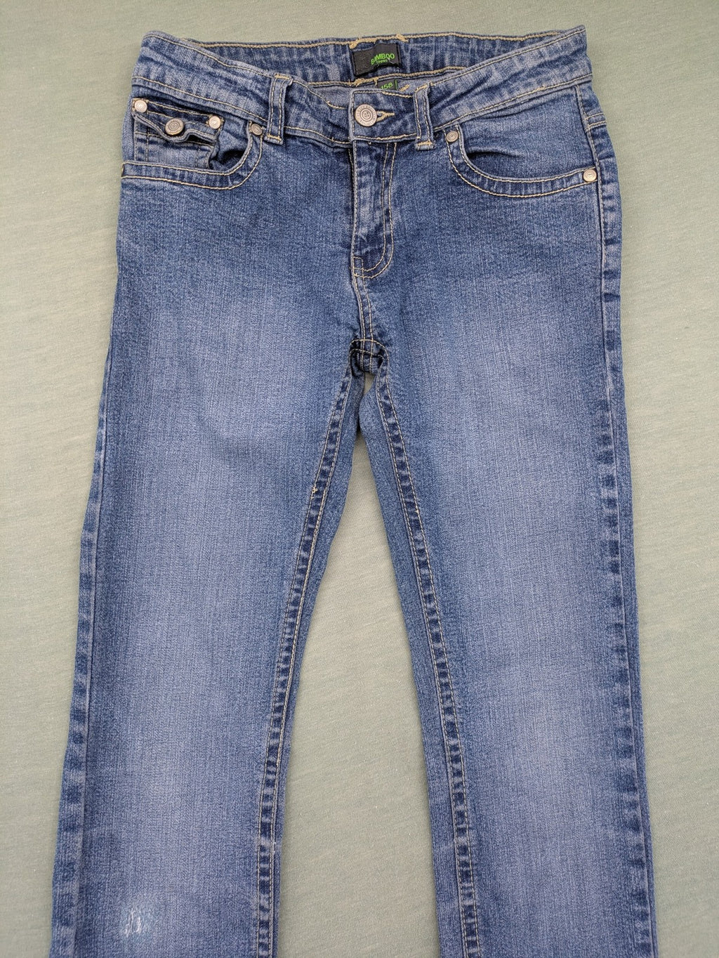 Bamboo blue straight jeans size 158, medium wash, classic 5-pocket style, stretch denim.