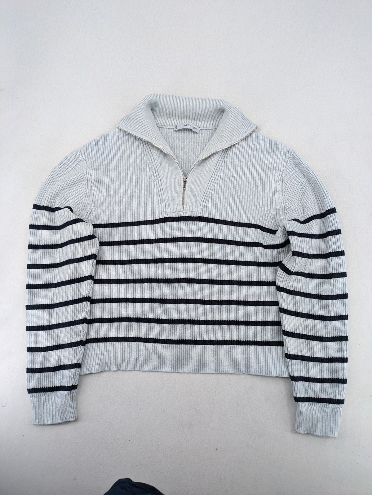 MNG blue striped turtle neck jumper with quarter zip and ribbed texture.