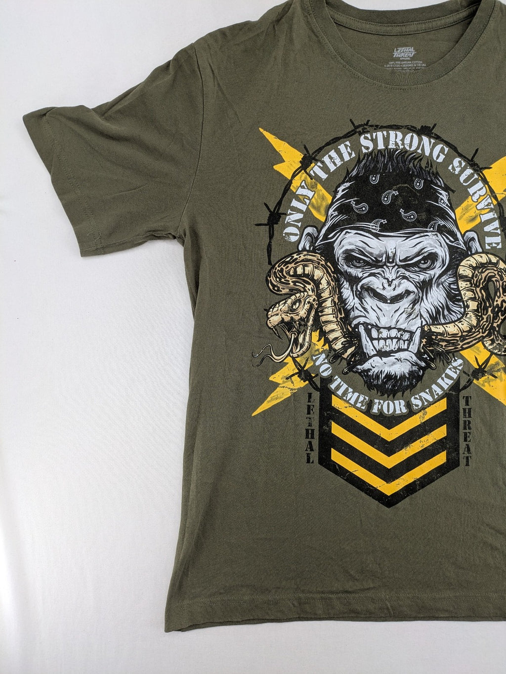 Lethal Threat multi band t-shirt featuring biker gorilla graphic and winged design.