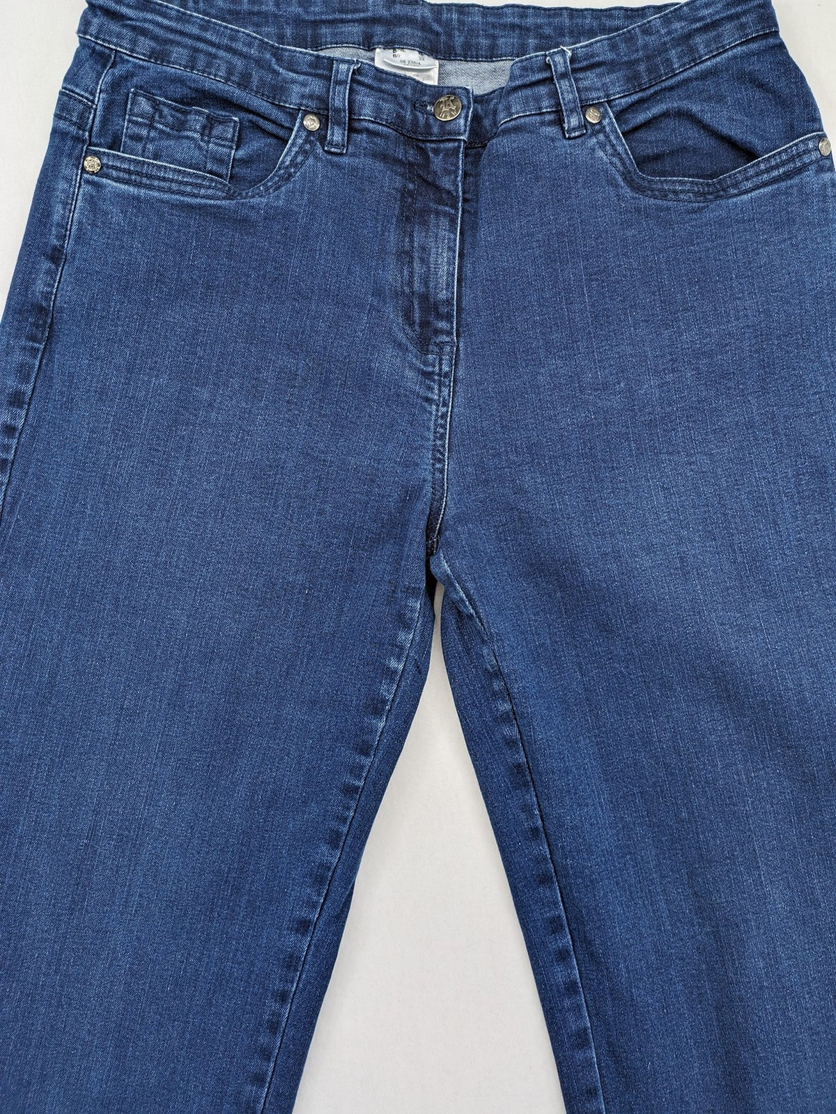 Damen blue straight jeans with embellished back pockets, cotton-elastane blend, mid-rise.