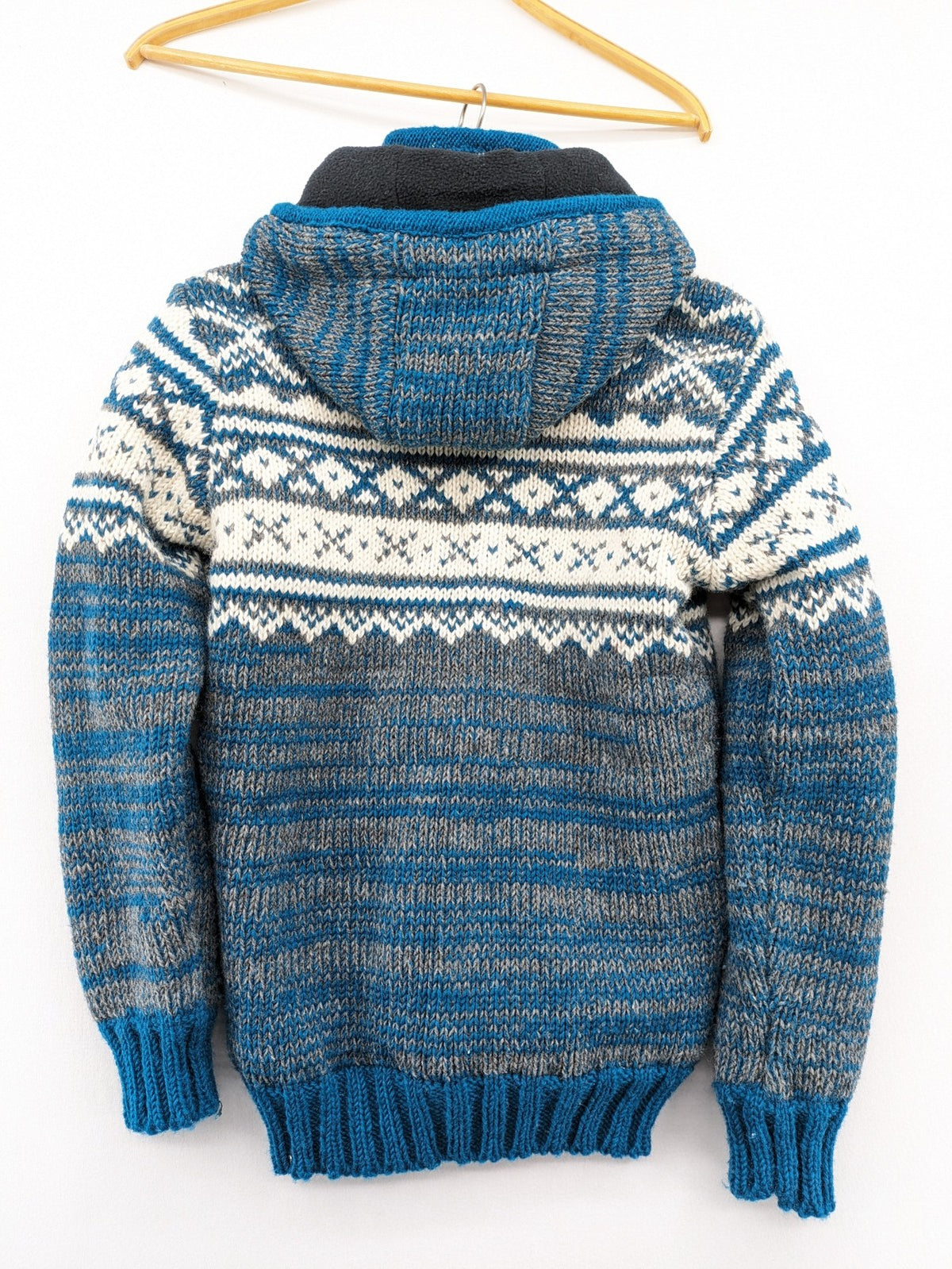guru turtle neck jumper blue grey white fair isle pattern fleece lined zip design