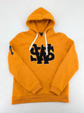 Superdry orange turtle neck jumper with textured logo patch and number 7 detail.