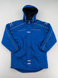 Umbro blue fleece-lined jacket with hood, reflective details, and white piping.