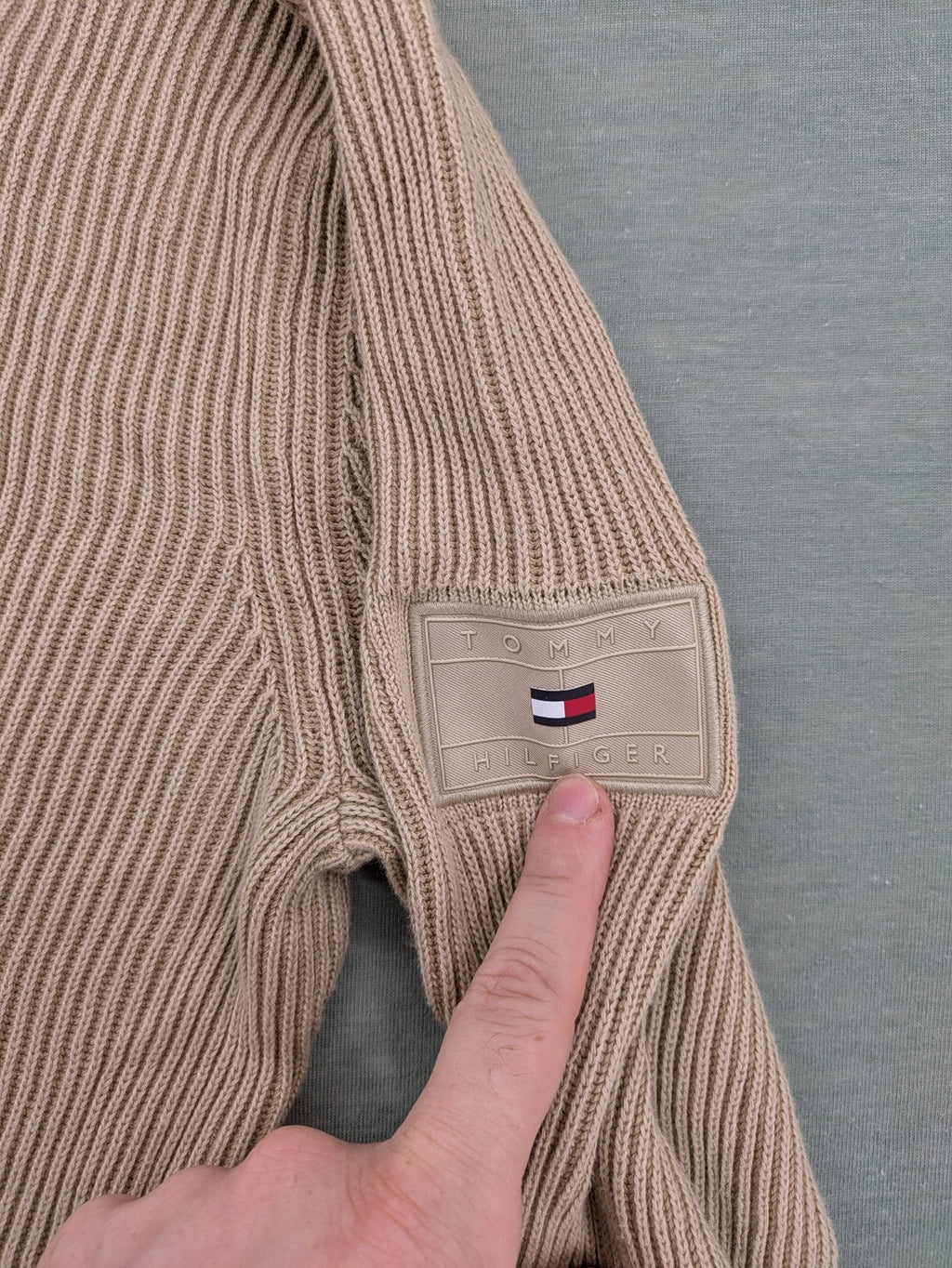Tommy Hilfiger beige turtle neck jumper ribbed knit 100% cotton with shawl collar.