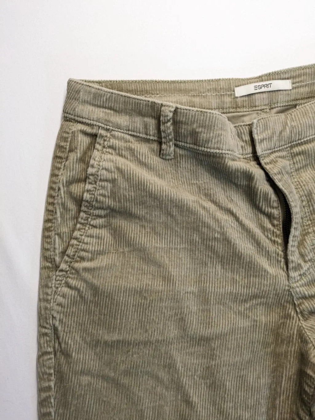 Esprit khaki pants with classic button fly, straight leg, and front pockets.