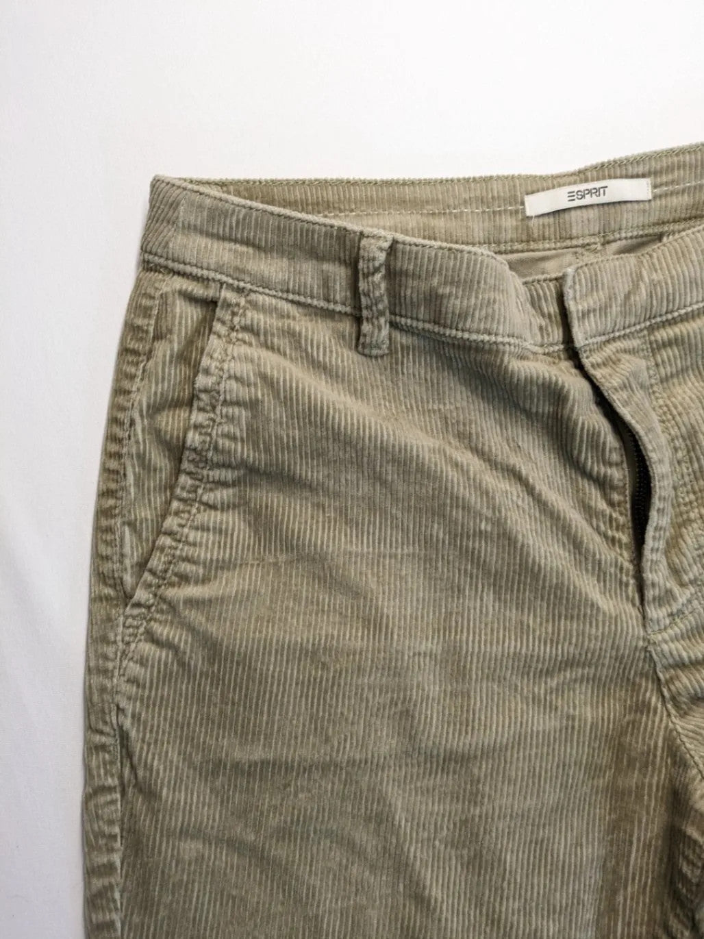 Esprit khaki pants with classic button fly, straight leg, and front pockets.