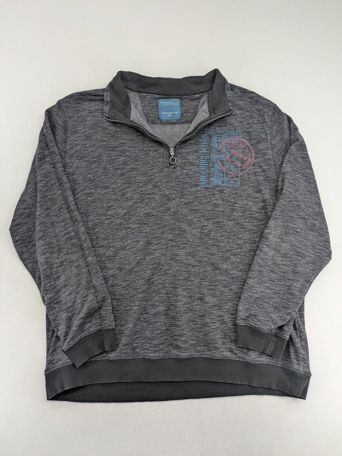 Straight Up grey turtle neck jumper with zip collar and subtle graphic print.