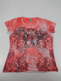 TREDY pink graphic top with rose and wings design, embellished with rhinestones.