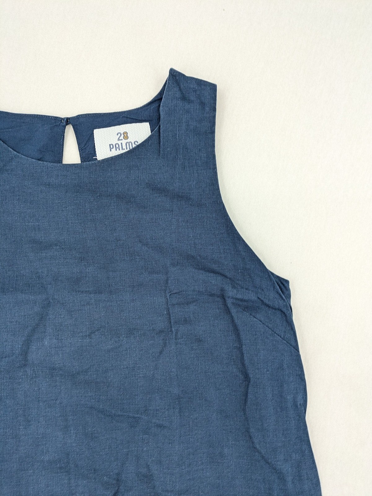 28 Palms blue A-line dress, sleeveless, 100% linen with classic round neckline.