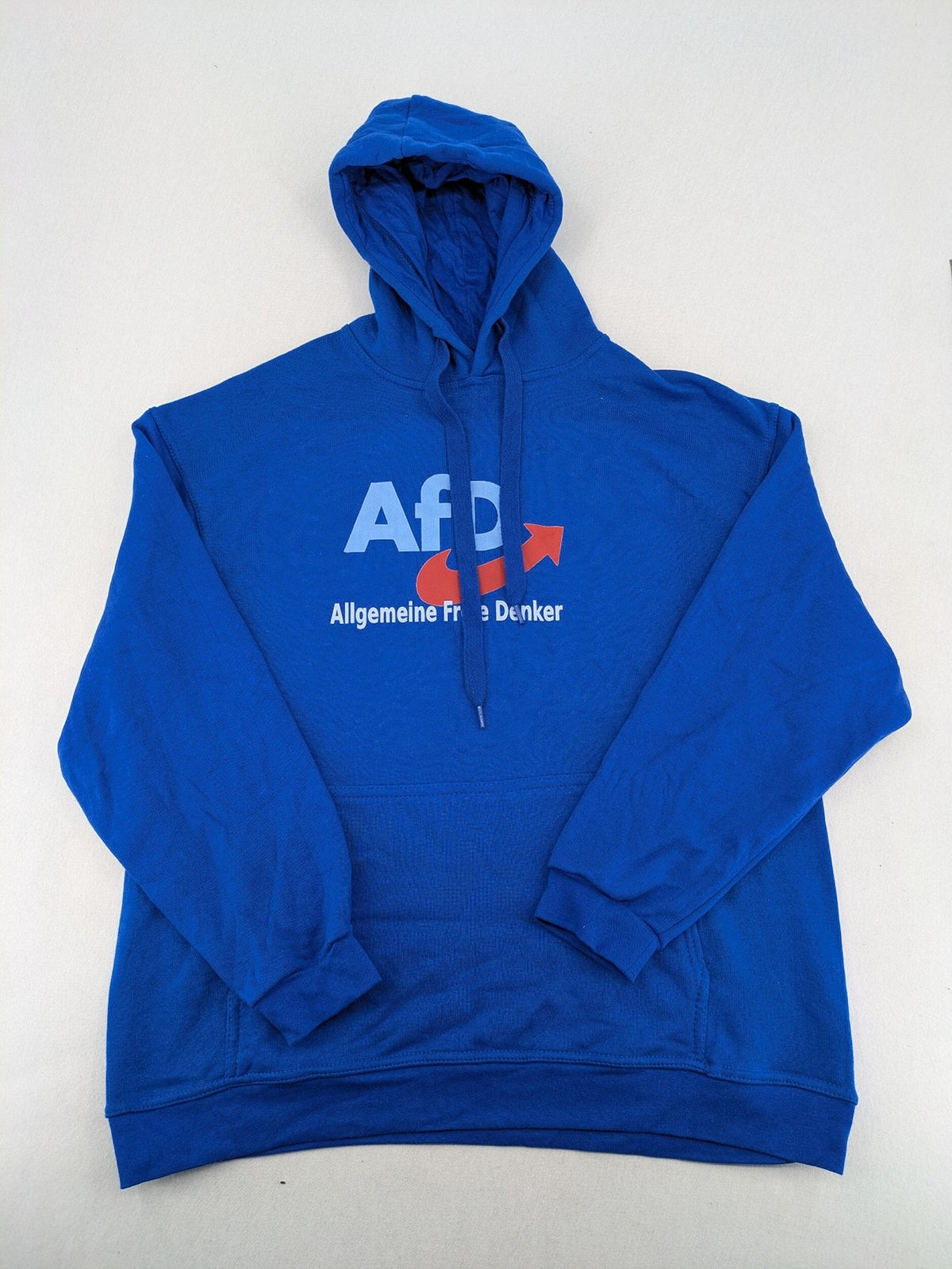 AFD blue pullover hoodie with "AfD Allgemeine Freie Denker" graphic and adjustable drawstring hood.