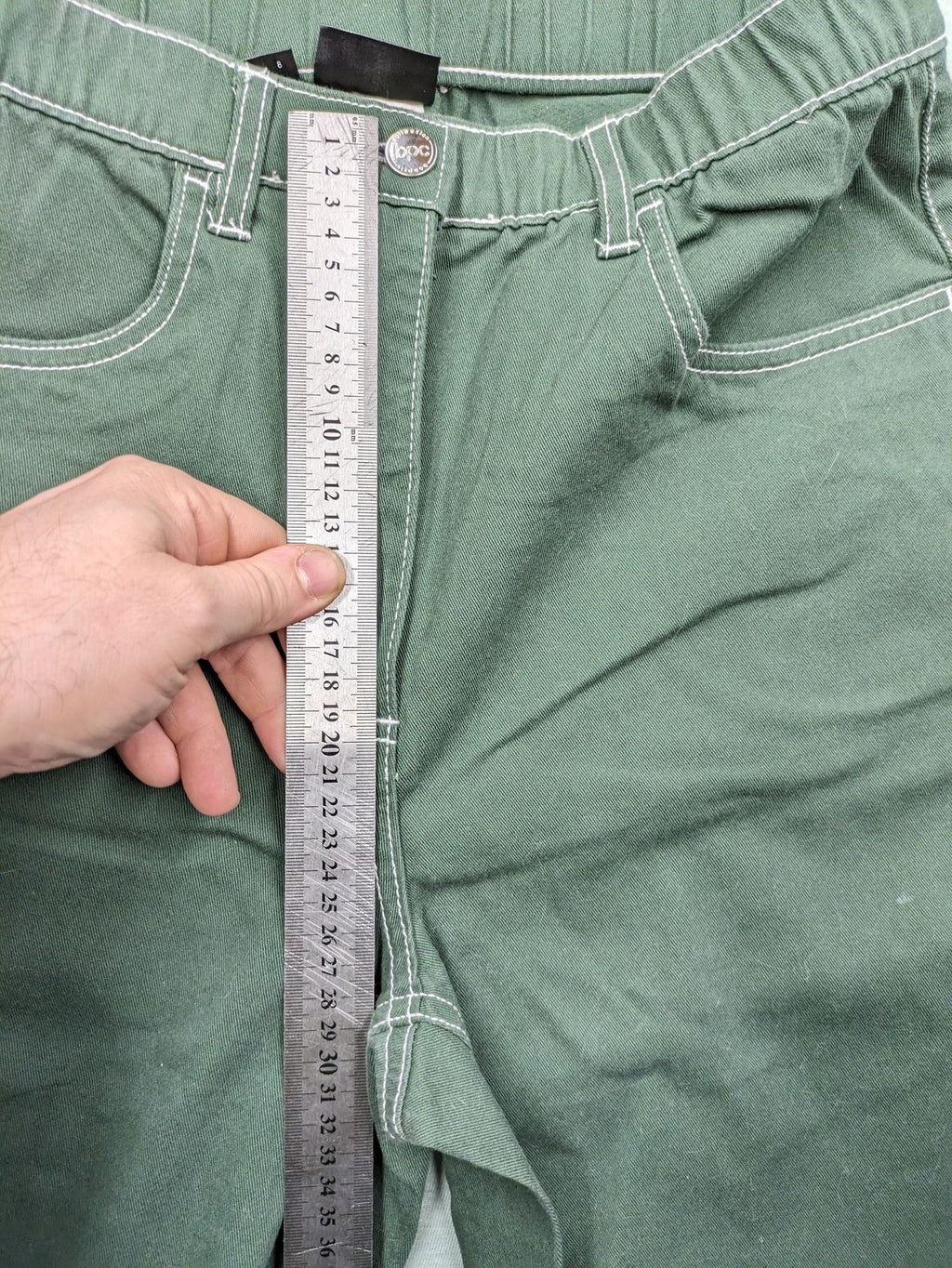 BPC Bonprix green pants wide leg high waist with white contrast stitching