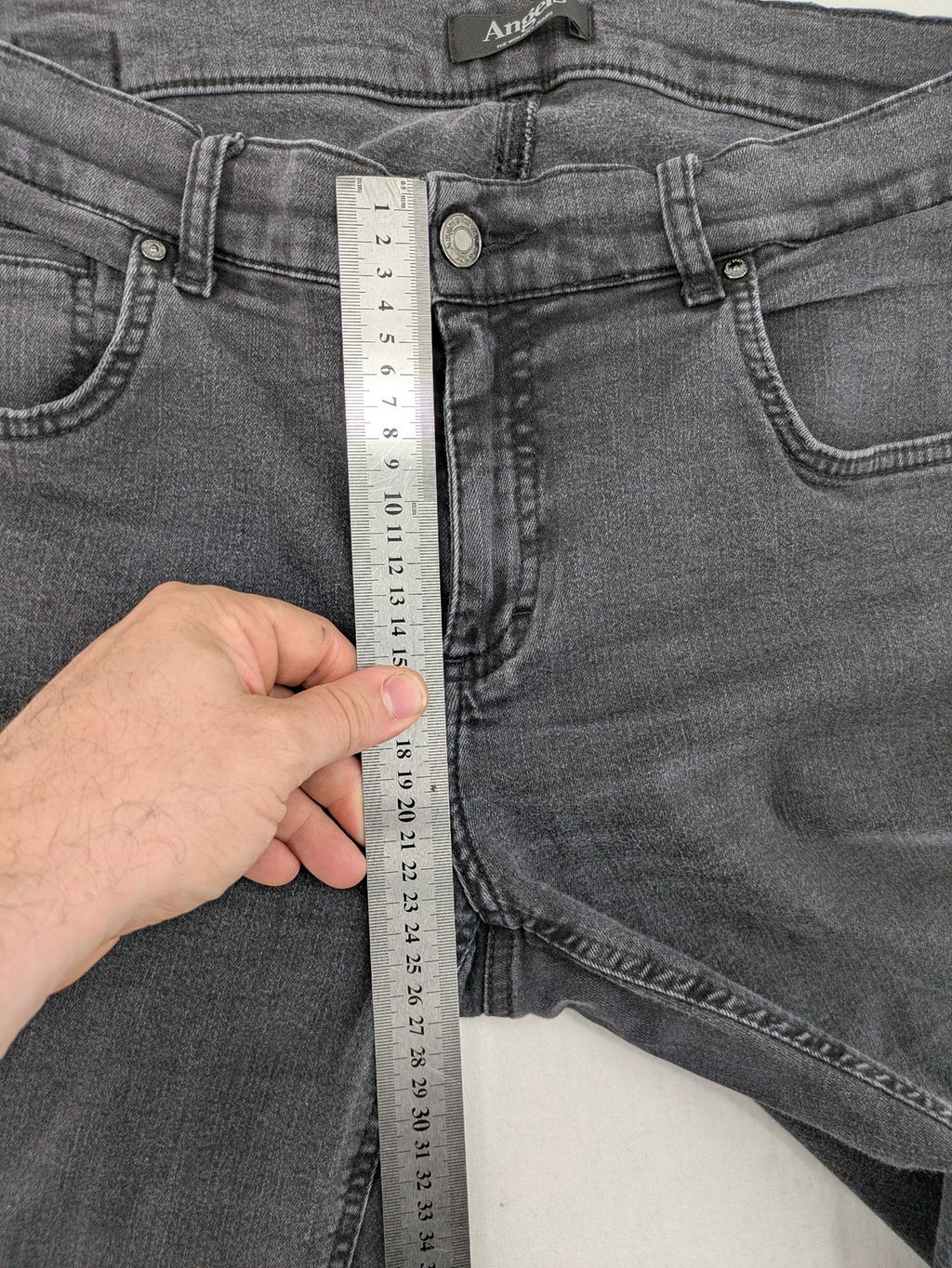 Angels grey straight jeans with 5-pocket design and faded black wash.