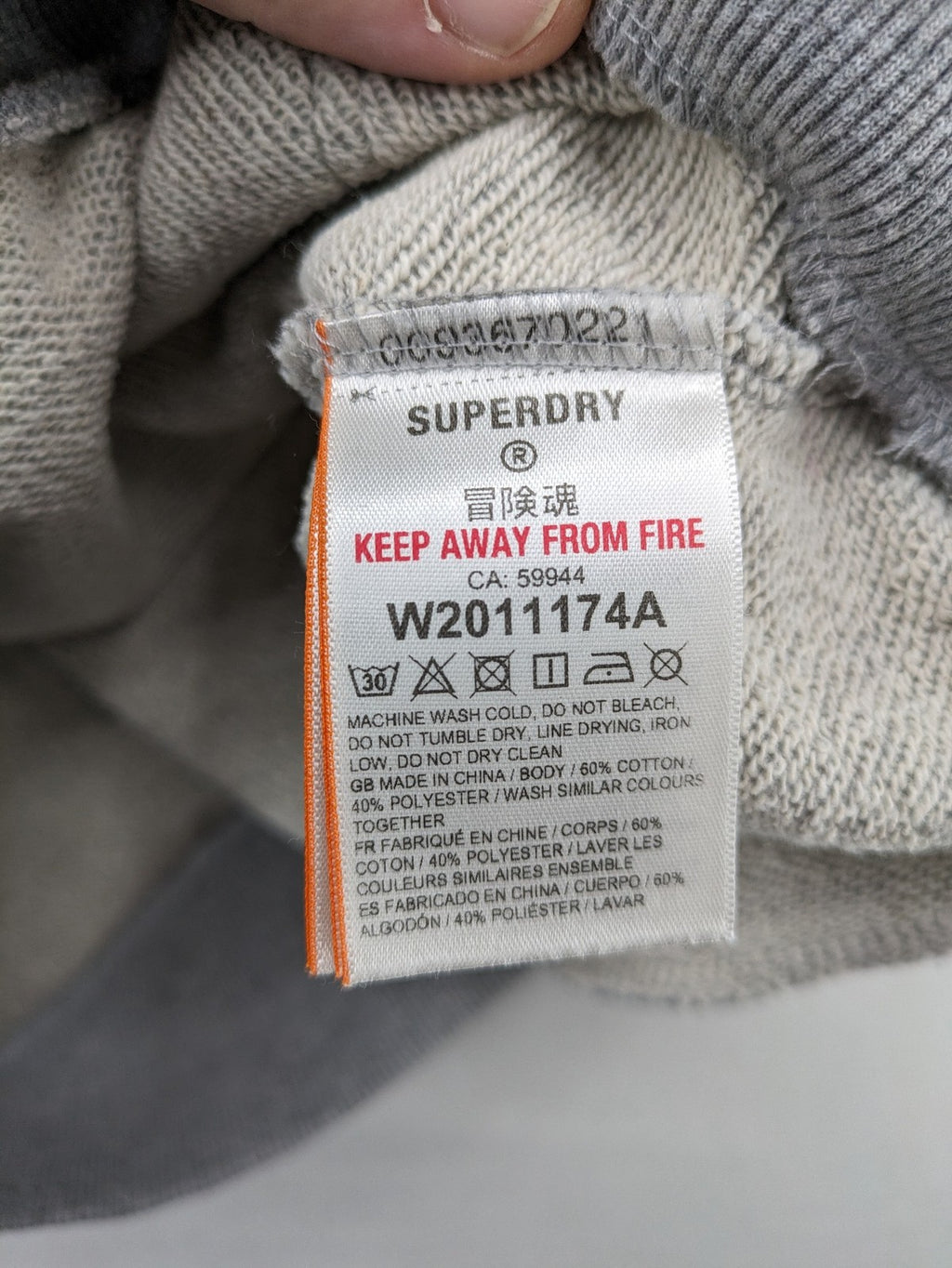 Superdry grey hoodie with Sonics logo, number 7 detail, kangaroo pocket, and drawstring hood.