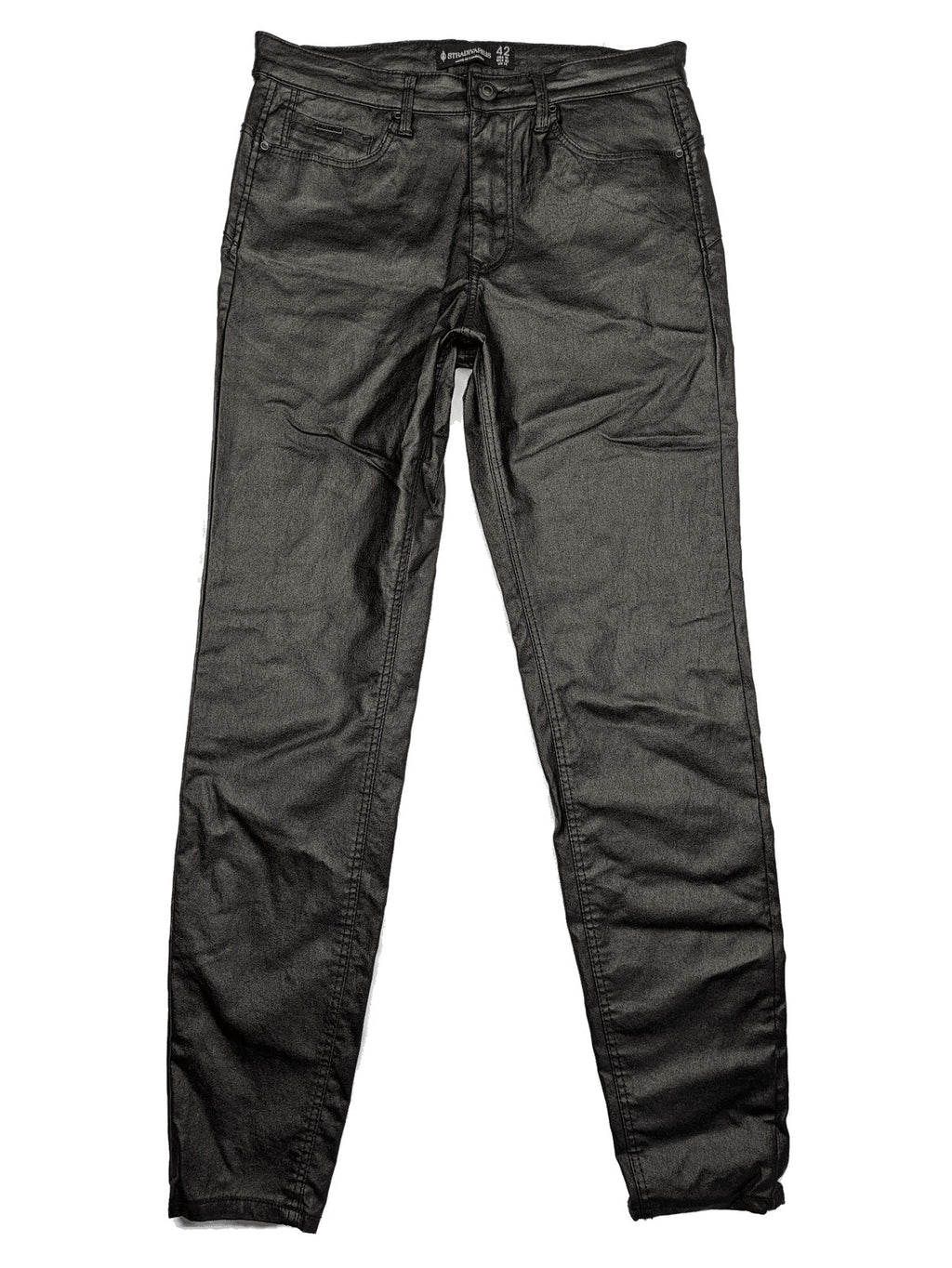 Stradivarius black coated straight jeans with leather-like finish and stretchy material.