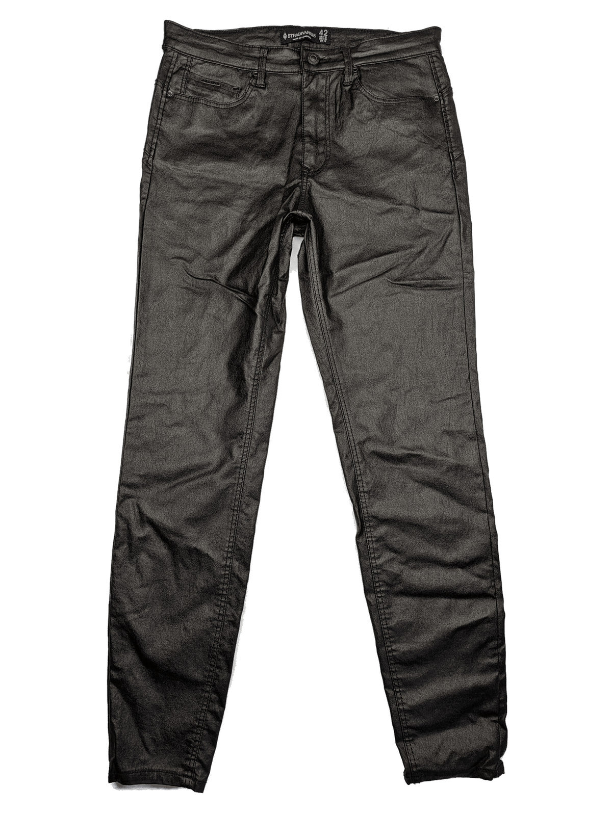 Stradivarius black coated straight jeans with leather-like finish and stretchy material.