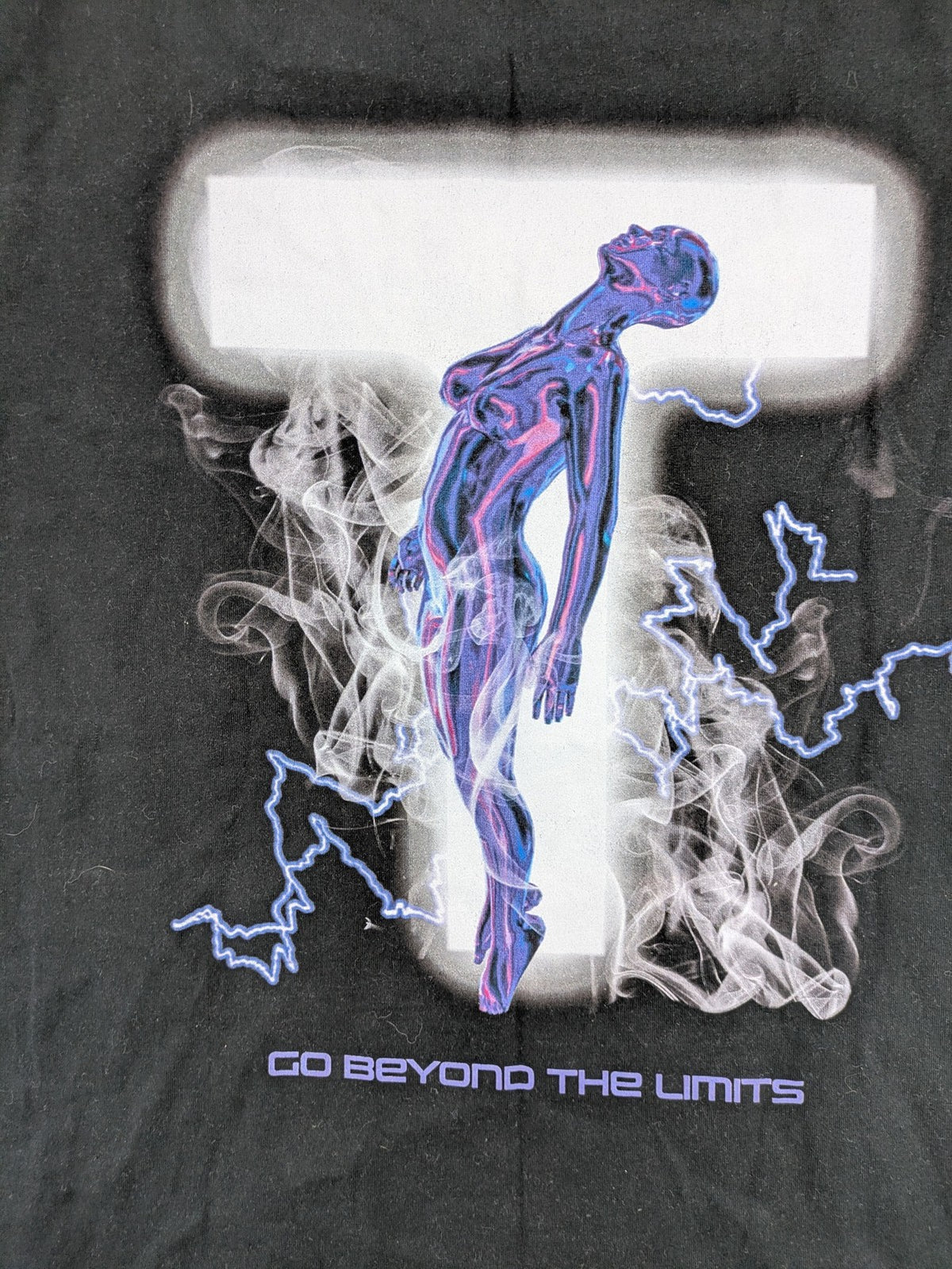 Transcend multi graphic t-shirt black cotton "Go Beyond The Limits" print on back.