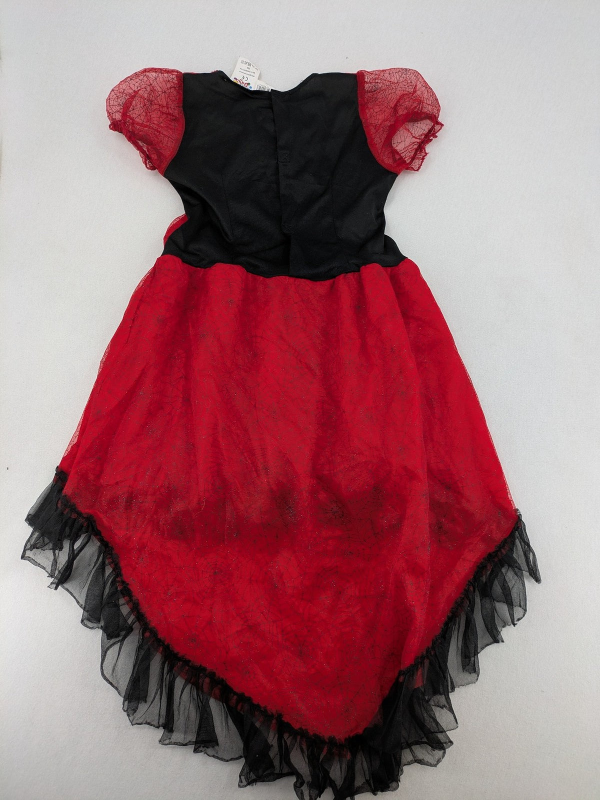 Perfekt red and black costume dress with corset lacing and spiderweb sleeves.