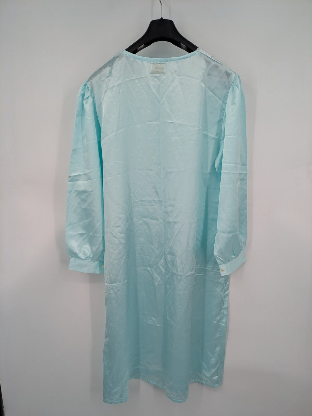 Linea blue vintage nightgown satin fabric with embroidered floral lace collar and ruffles.