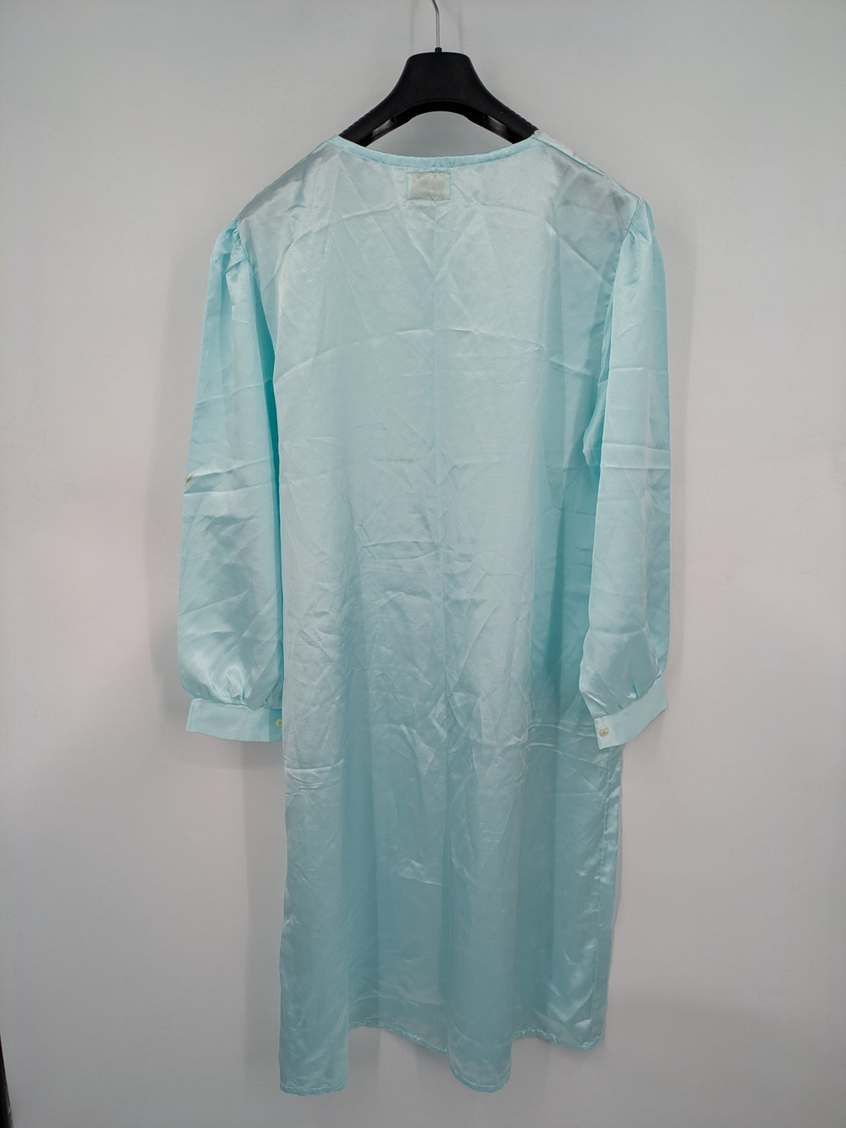 Linea blue vintage nightgown satin fabric with embroidered floral lace collar and ruffles.