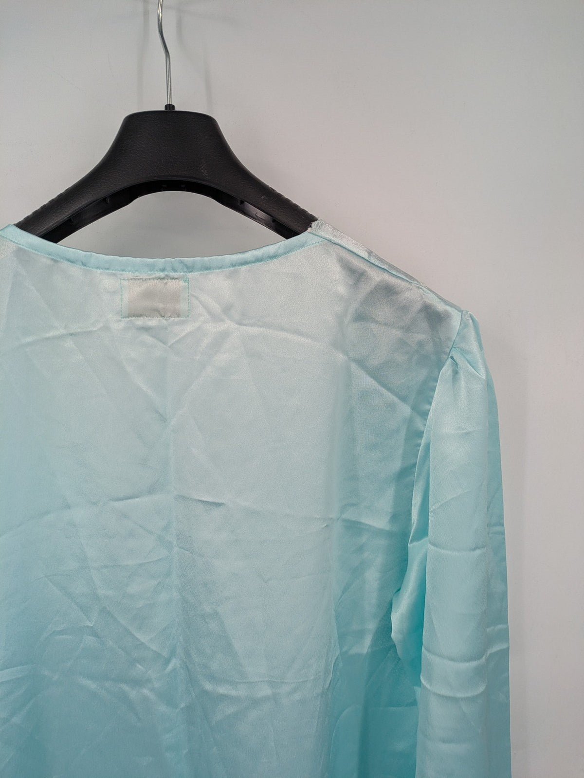 Linea blue vintage nightgown satin fabric with embroidered floral lace collar and ruffles.