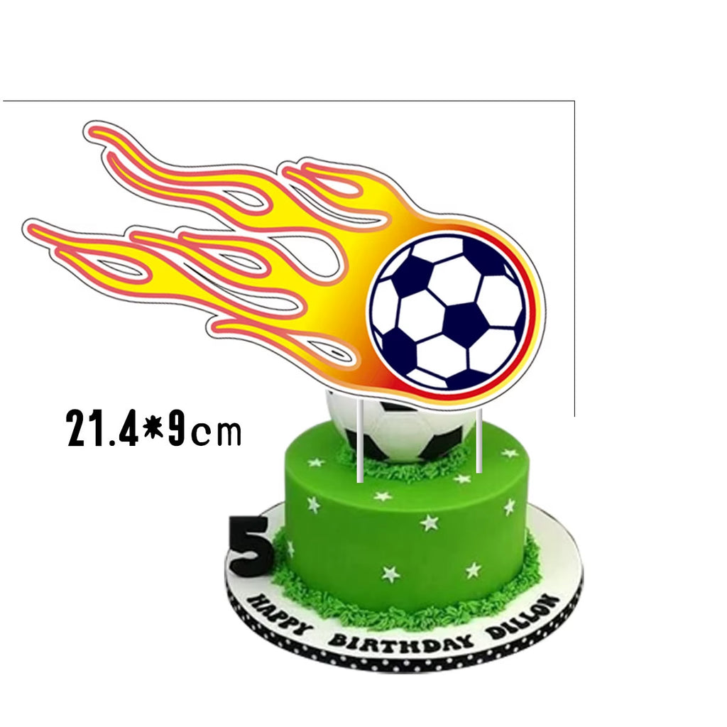 XXL blue, red, yellow football birthday decoration set with balloons and banners.