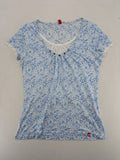 edc blue and white floral top short sleeve gathered neckline decorative eyelets