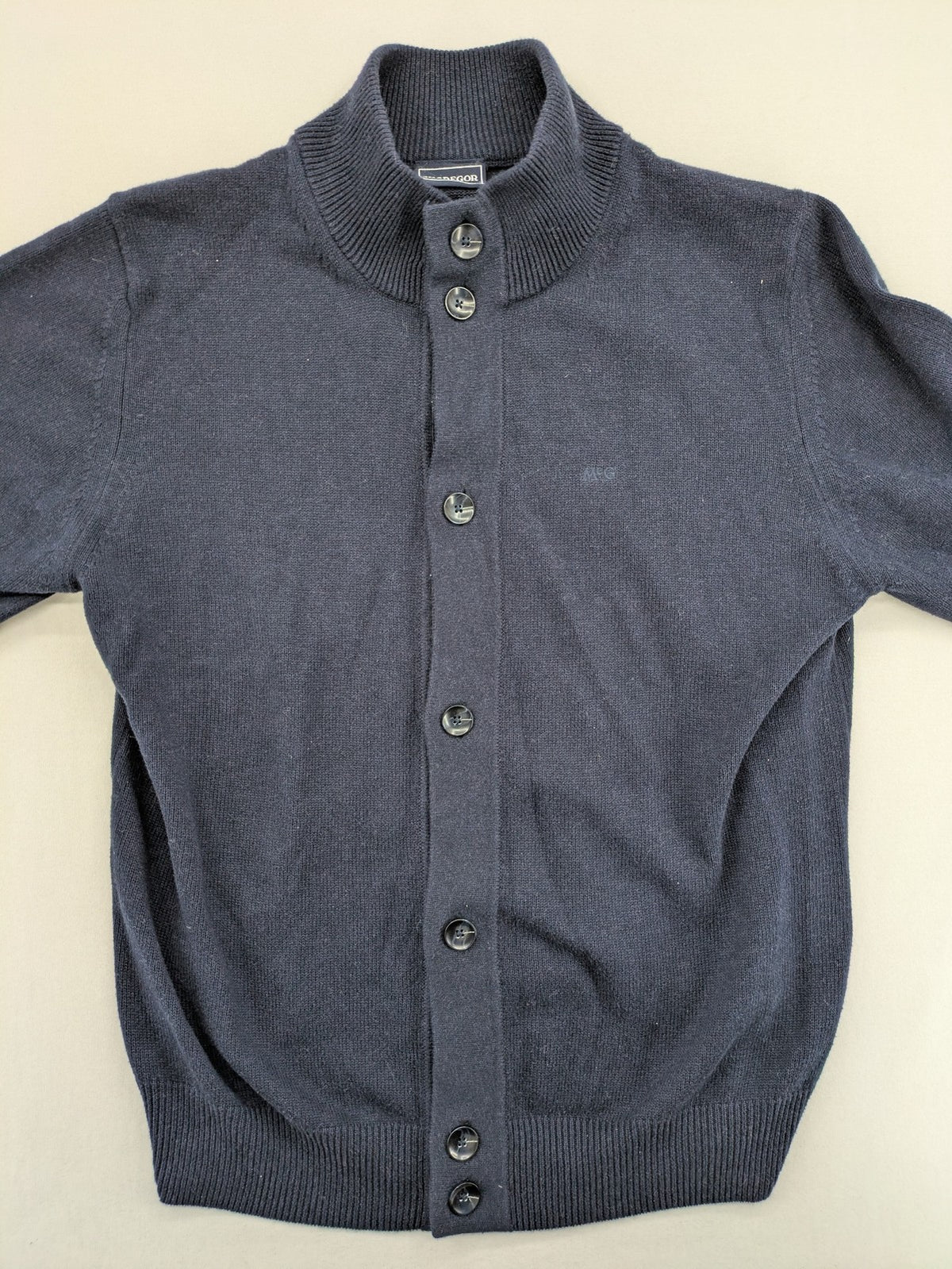 McGregor blue cardigan with elbow patches, button front, subtle logo, cotton-wool blend.