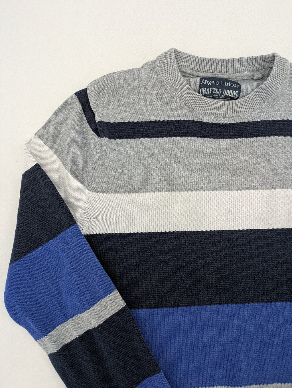 Angelo Litrico navy knit jumper striped pattern in blue, grey, and white, cotton material.