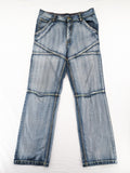 Identic orange straight jeans with paneled design and contrasting yellow stitching.