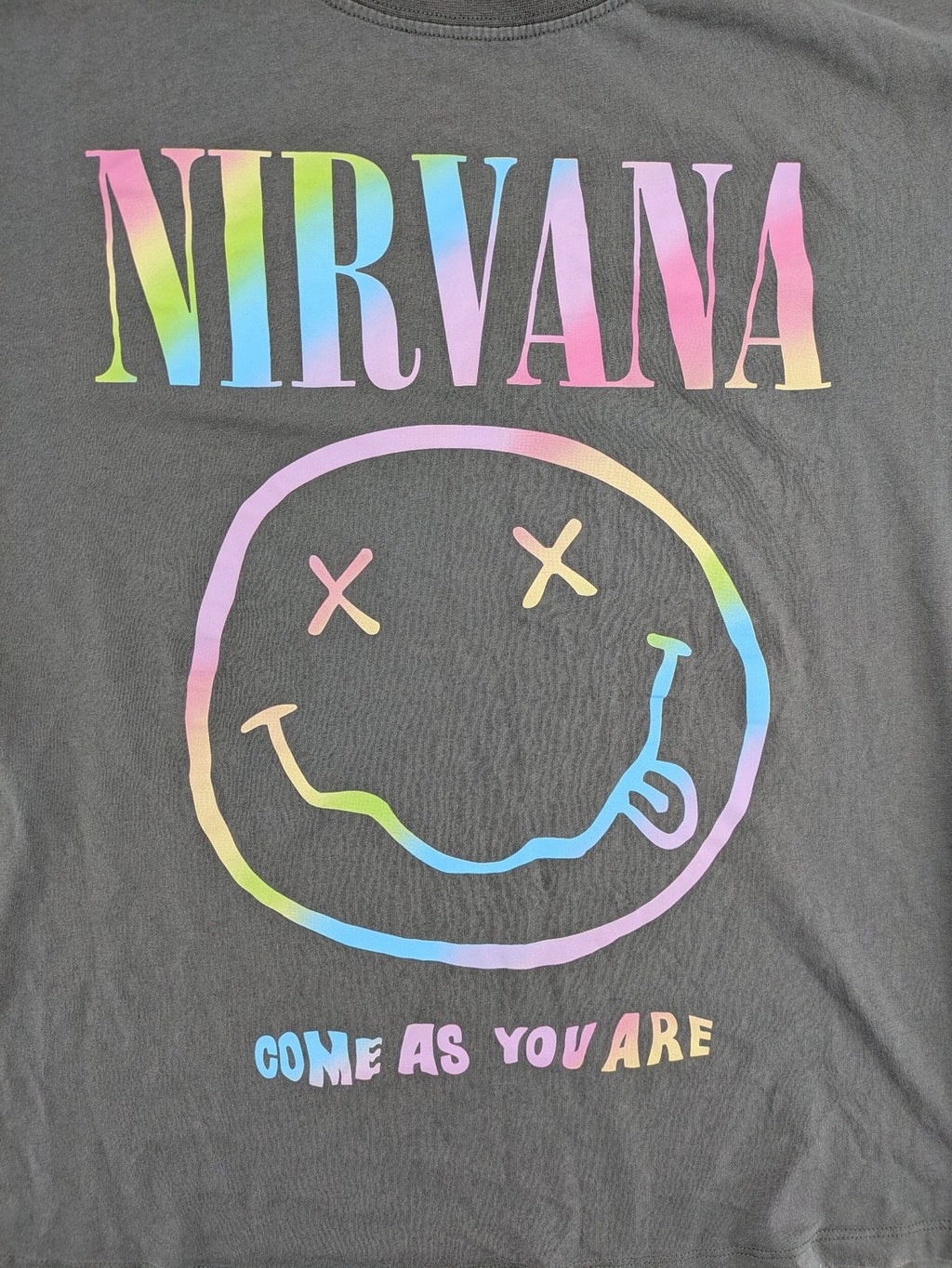 Nirvana grey t-shirt with rainbow Smiley logo and "Come As You Are" text.