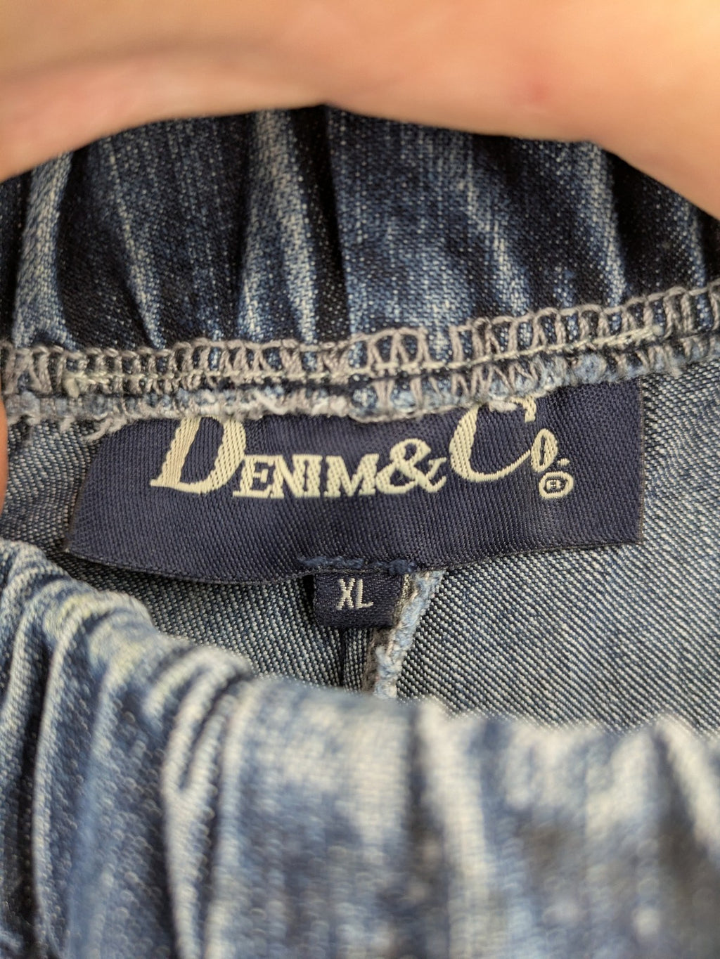 Denim & Co. blue capri jeans with elastic waistband and embellished rhinestones.