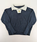 Dazy navy turtle neck jumper with contrasting collar and gold heart button detail.