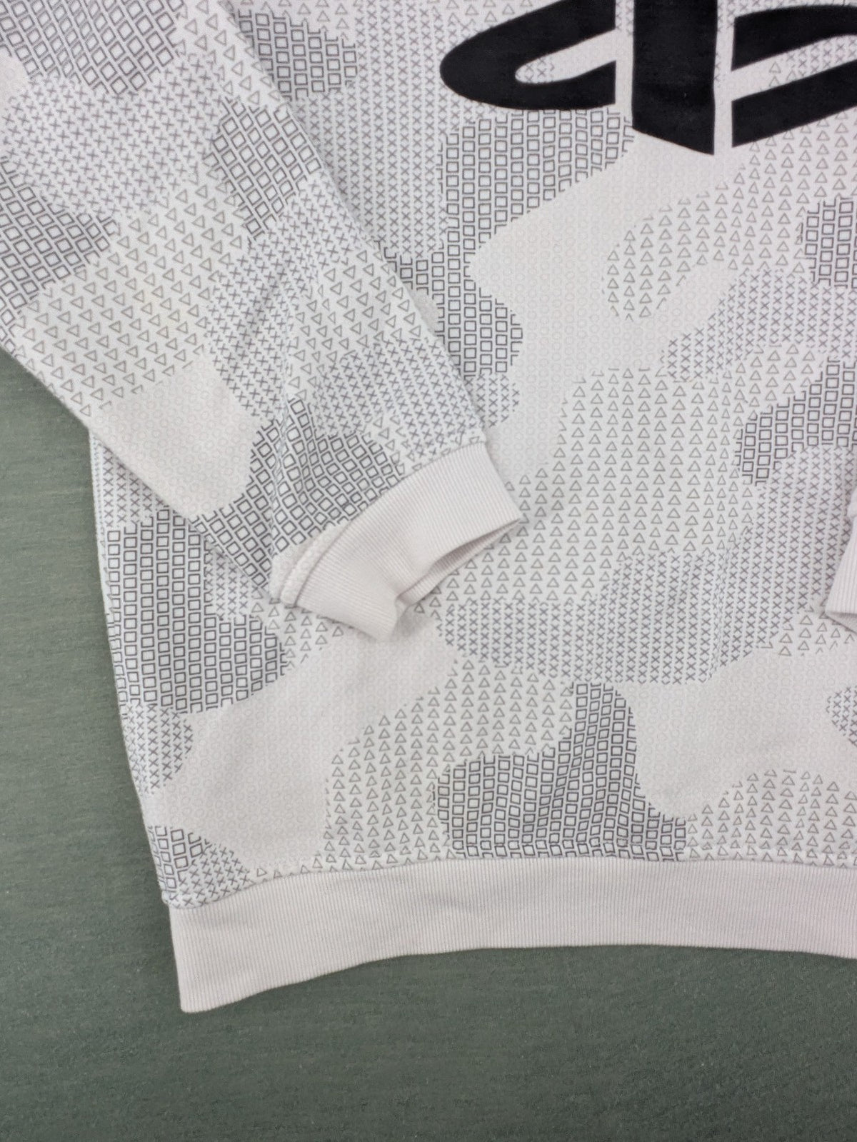 PlayStation grey sweatshirt with white logo and camo pattern featuring controller symbols.