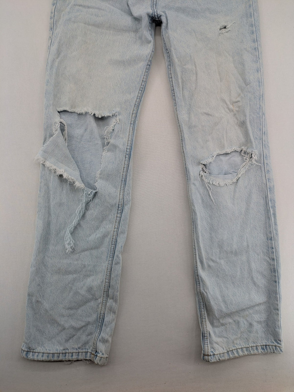 FB Sister blue mom jeans high waist distressed denim with knee rips and classic fit.