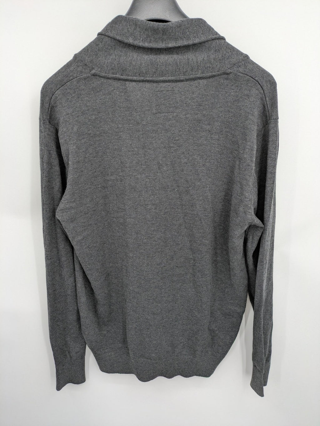 Straight Up grey cardigan with shawl collar, button front, soft cotton-acrylic blend.