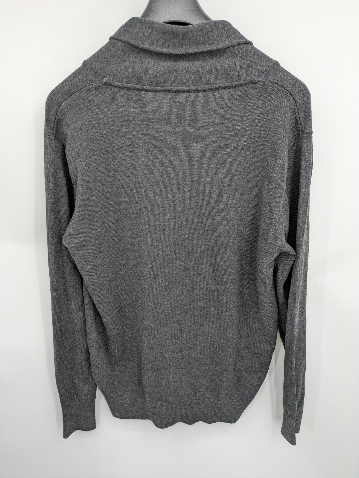Straight Up grey cardigan with shawl collar, button front, soft cotton-acrylic blend.