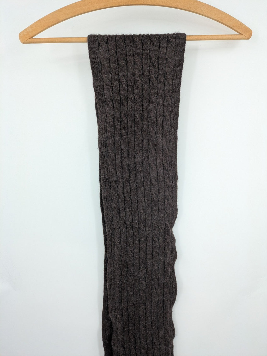 Marlon brown cashmere scarf with classic cable knit pattern for winter warmth.