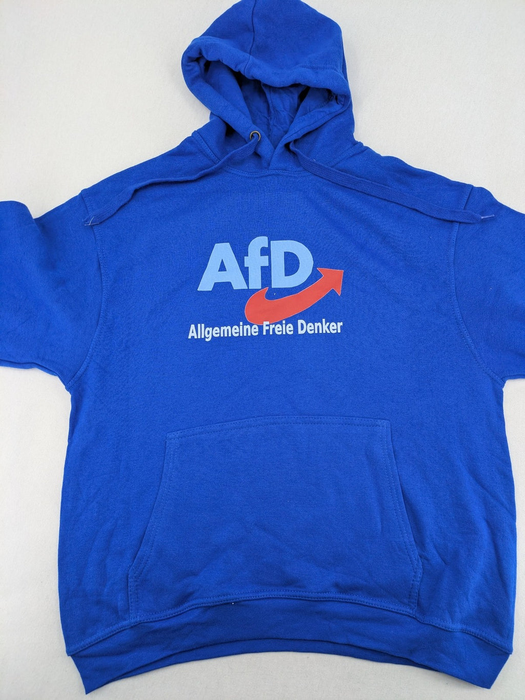 AFD blue pullover hoodie with "AfD Allgemeine Freie Denker" graphic and kangaroo pocket.