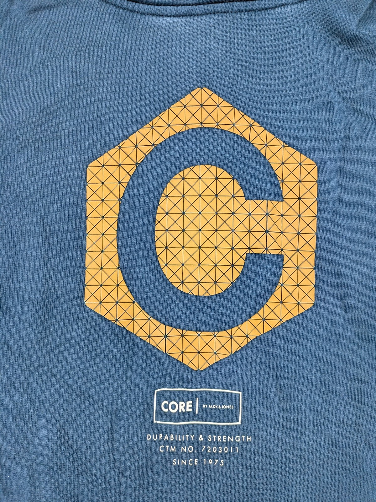 Jack & Jones Core blue hoodie with large gold "C" graphic and high collar.