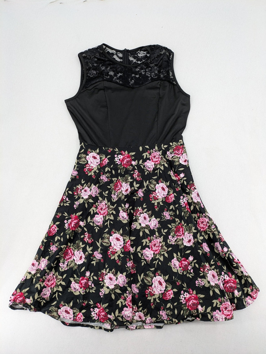 M/L black A-line dress with floral skirt and lace trim details.