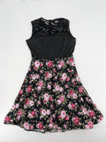 M/L black A-line dress with floral skirt and lace trim details.