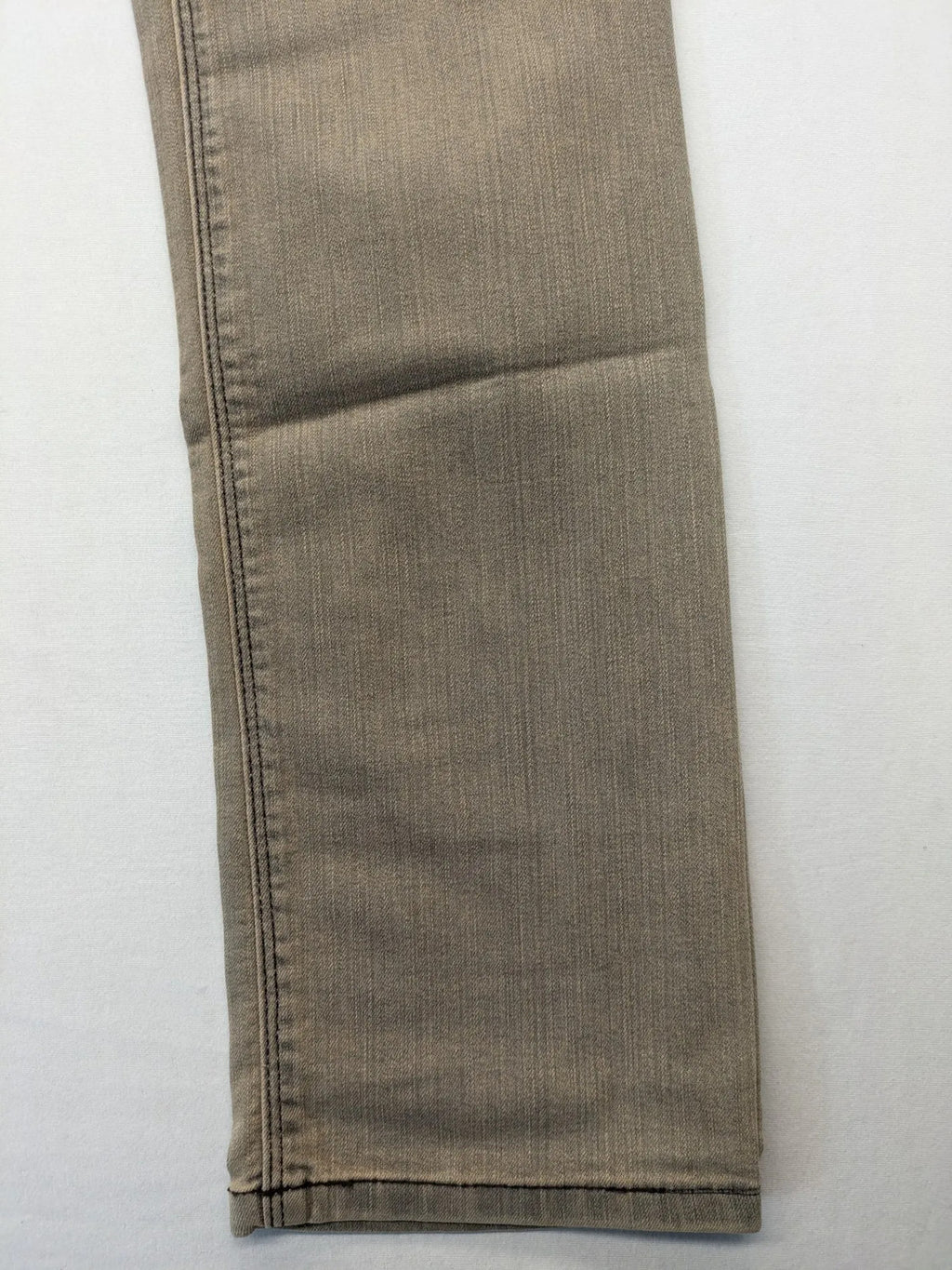Masha khaki straight jeans with rhinestone embellishments and decorative stitching.