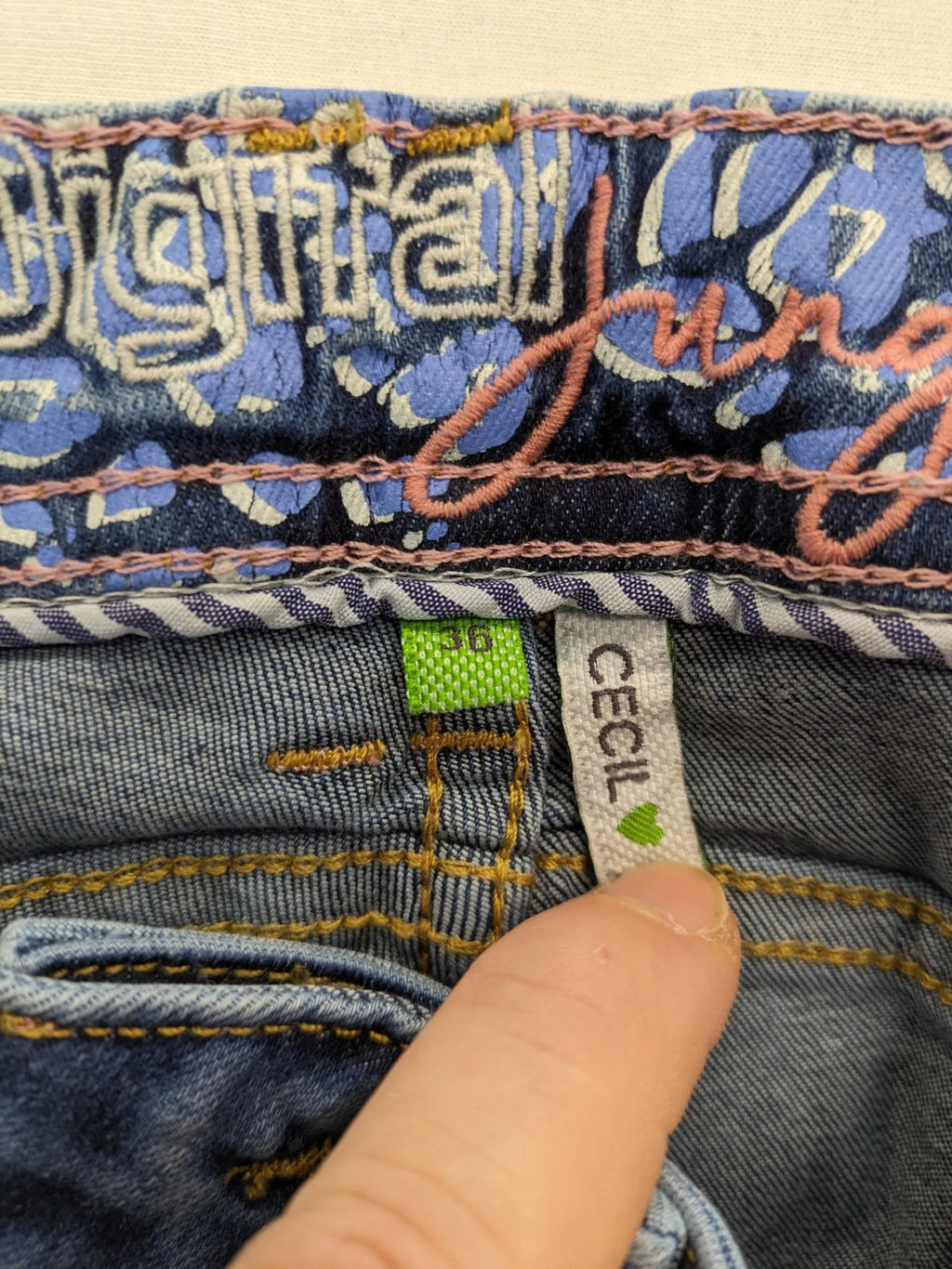 Cecil straight jeans blue patchwork design with classic button fly and stretch denim.