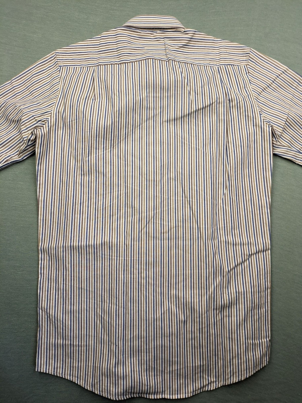 Seidensticker beige button-up shirt vertical striped pattern blue and brown, cotton material.