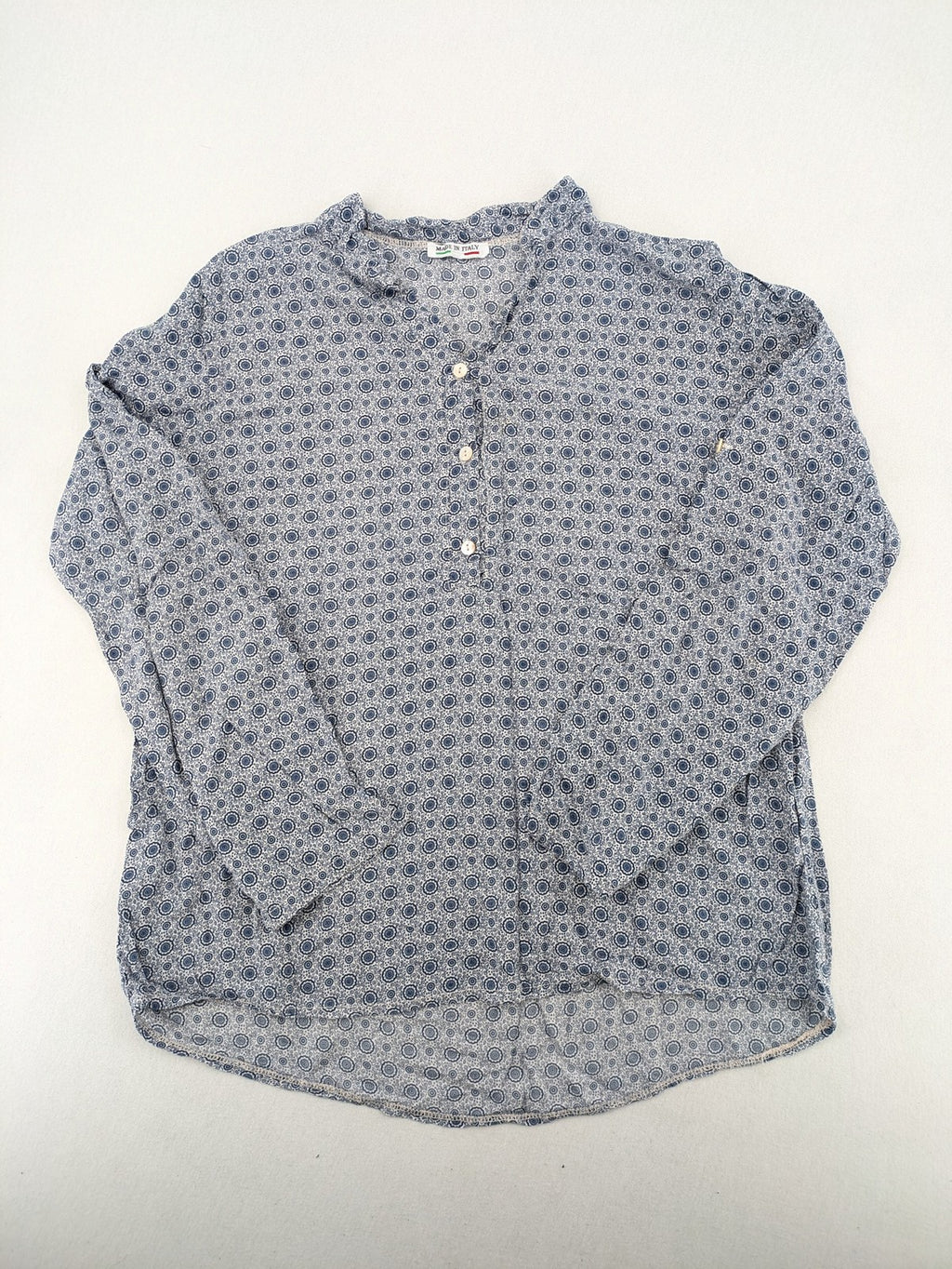 M/L blue and grey tunic top with geometric pattern and stand-up collar.