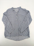 M/L blue and grey tunic top with geometric pattern and stand-up collar.